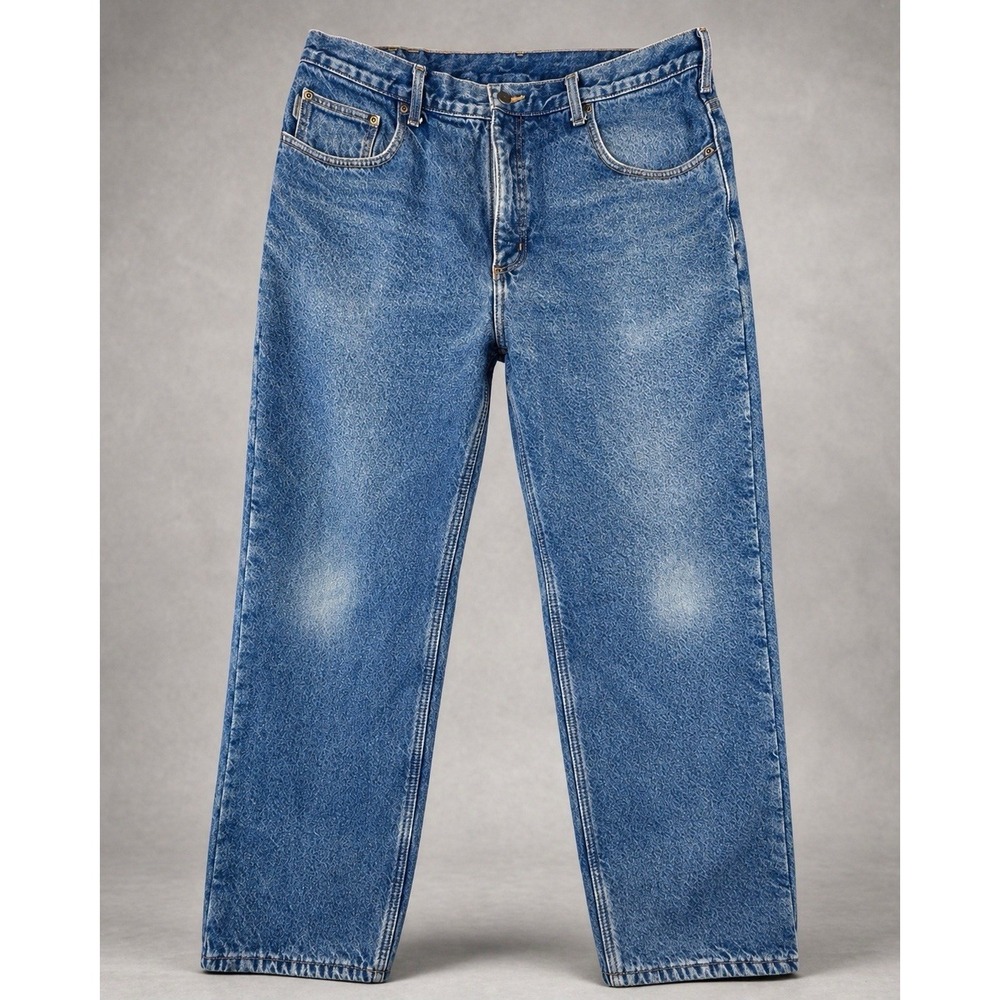 Carhartt Mens Jeans 38x30 Fleece Lined Blue Denim Straight Workwear Pants B18